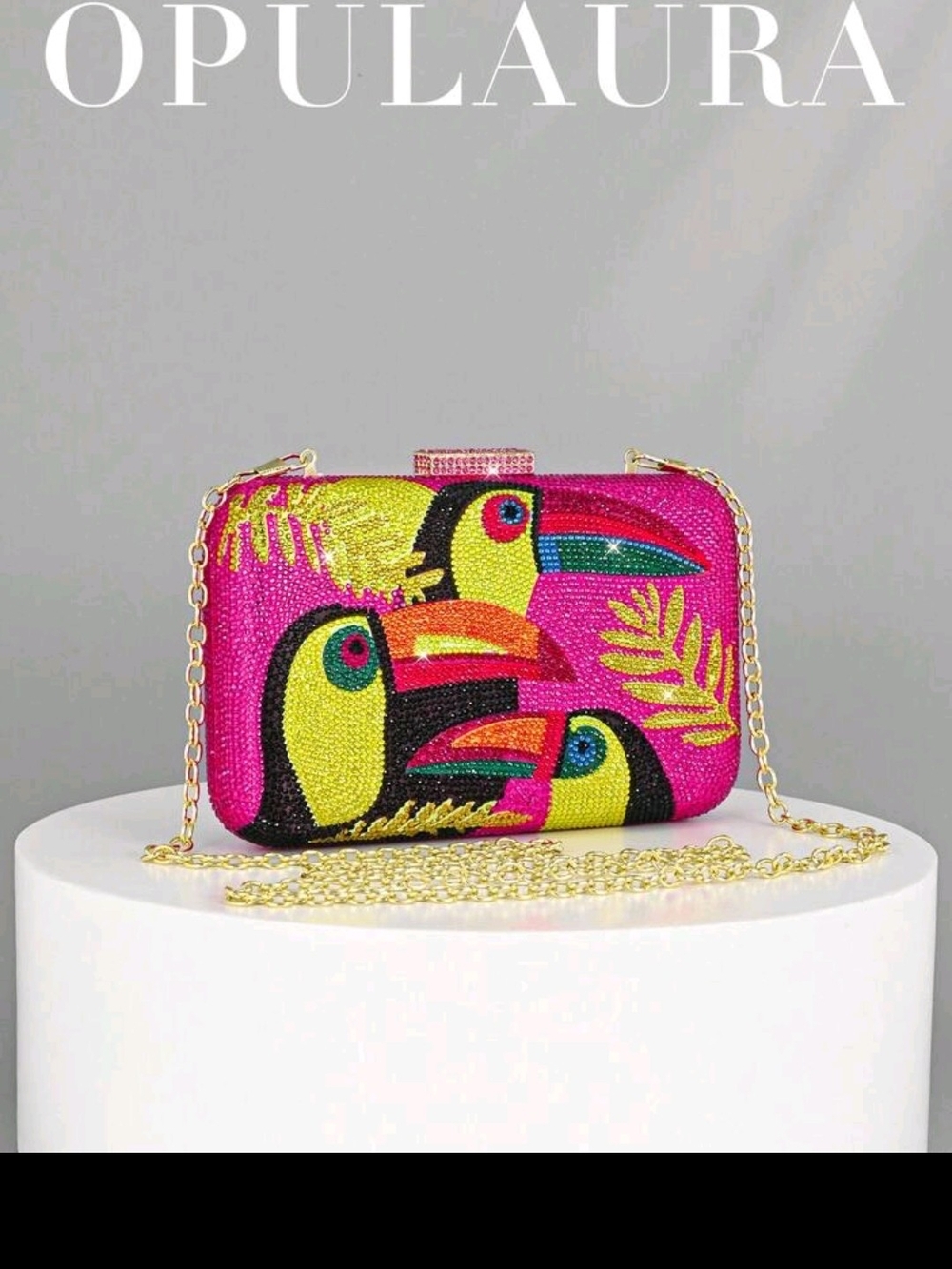 Pink Toucan Crystal Minaudière with Gold Chain